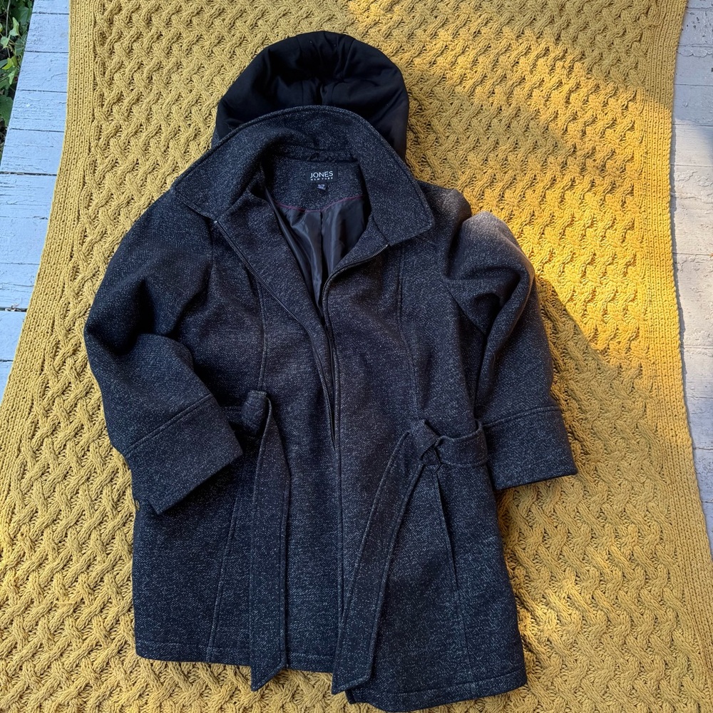 Jones New York Women's 1X XL Coat Jacket Collar Pockets Hooded Belt Zipper Black